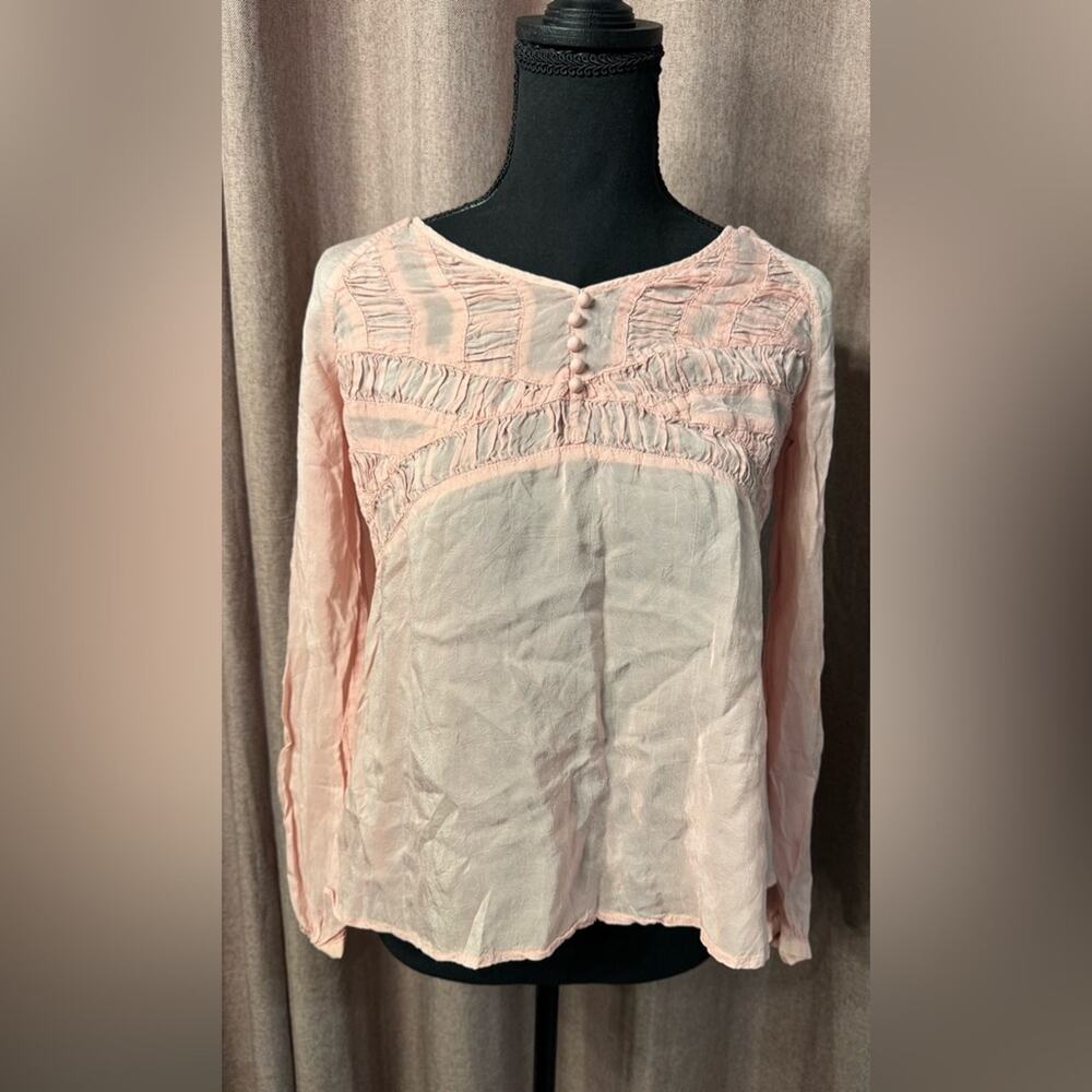 J. Jill Womens Sz XXSP Petite Pink Sheer Boho Peasant Long Sleeve Blouse